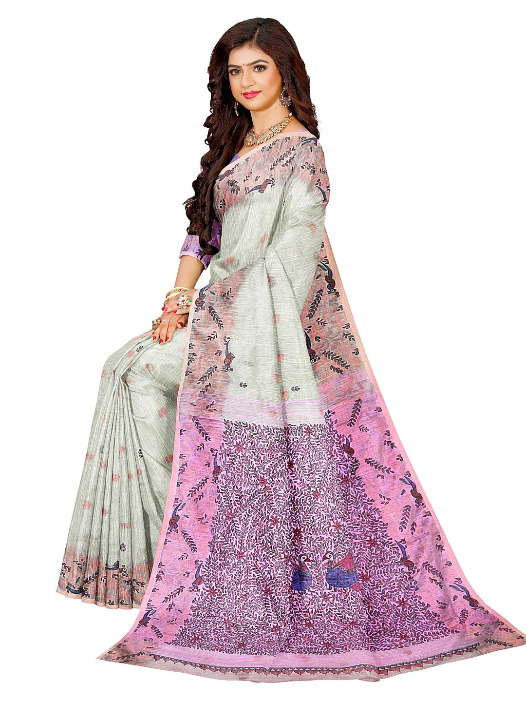 Jamdani Khadi Saree with Madhubani Art and Neem Zari